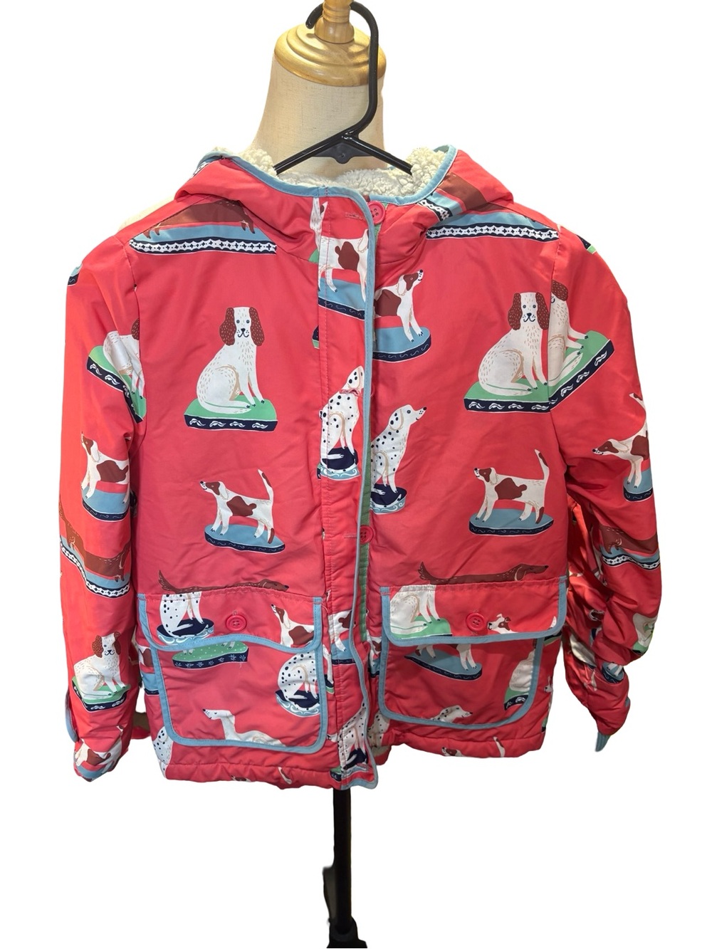 Mini Boden Pink Dog-Print Hooded  Jacket pockets Sherpa lined 9-10 years